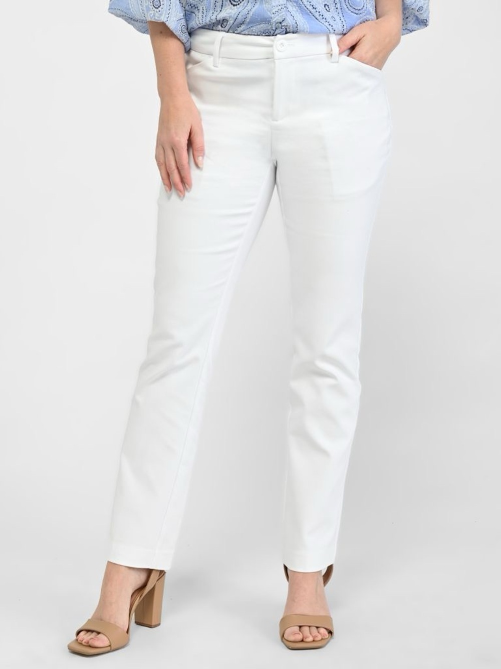 White Shaped Fit Straight Leg Mid-Rise Perfect Pant Trousers
